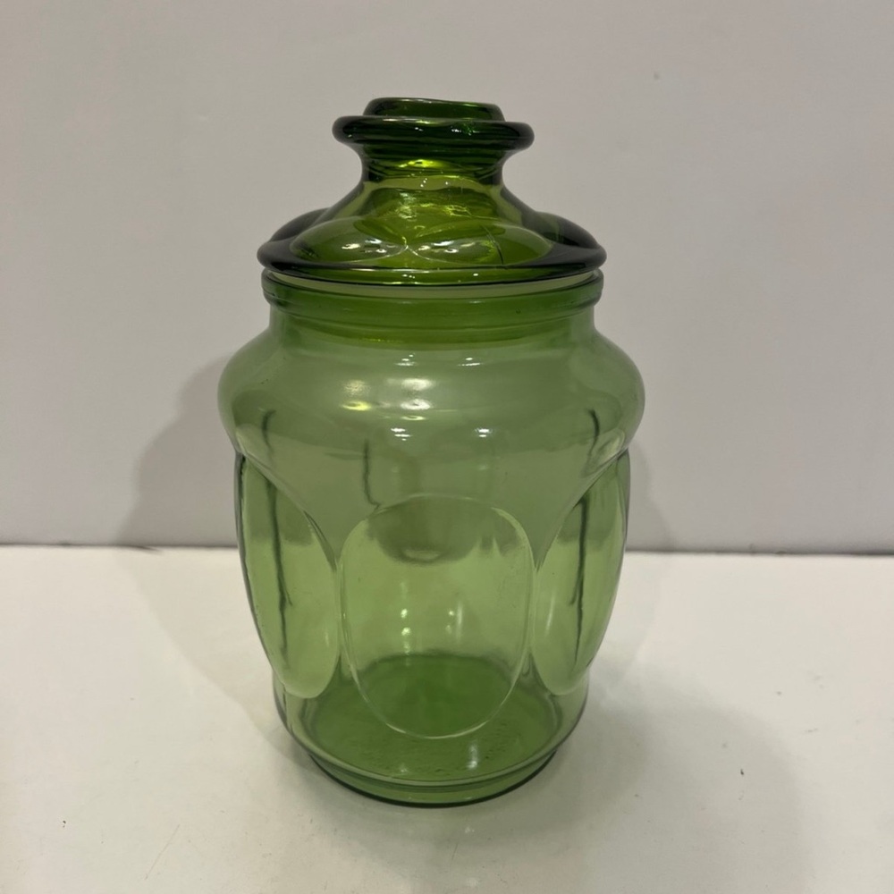 Green Glass Apothecary Jar Canister Bubble Design Anchor Hocking Retro V…